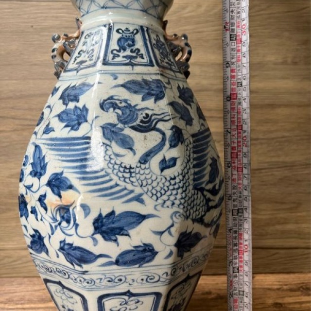 高仿元明青花鳳穿牡丹紋雙耳八方瓶 仿古做舊瓷器 復古茶空間花器 居家擺件