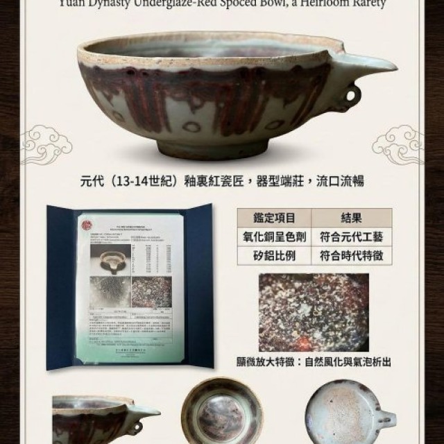 【古董拍賣】元代釉里紅匜（12.5cm）經XRF元素分析保真，典型的元代發色與風化特徵