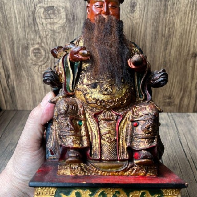 【老味收藏．慈祥福德】清代/民國 老木雕福德正神（土地公）神像 - 帶濃厚香火皮殼