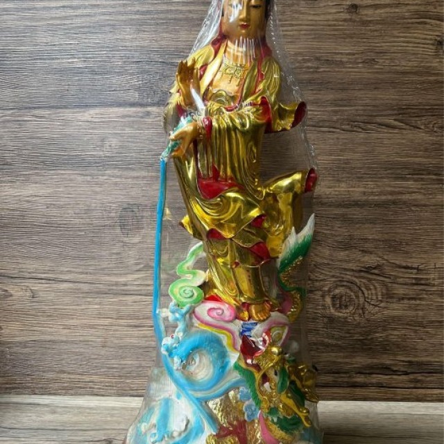 【威嚴大氣】49cm 騎龍觀音漆金像 / 龍魚觀音、鎮宅擺件、開運裝飾 / 早期工藝