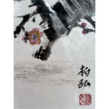 柏弘原創日式風格民國早年畫作27x24cm六合貴人三合貴人12生肖牛粉紅櫻花樹下嘻戲照片為實物非電腦複印-2