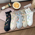 韓國 正韓進口 浪漫花園提花小草 花捲邊木耳邊中筒襪 精梳棉透氣短襪-4